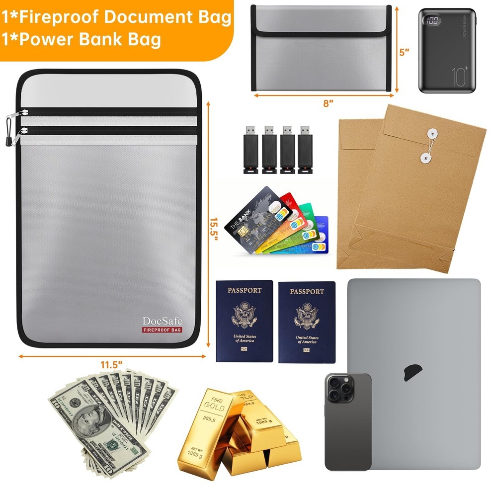 DocSafe Fireproof Document Bag (5200℉) with Fireproof Organizer Travel Cas