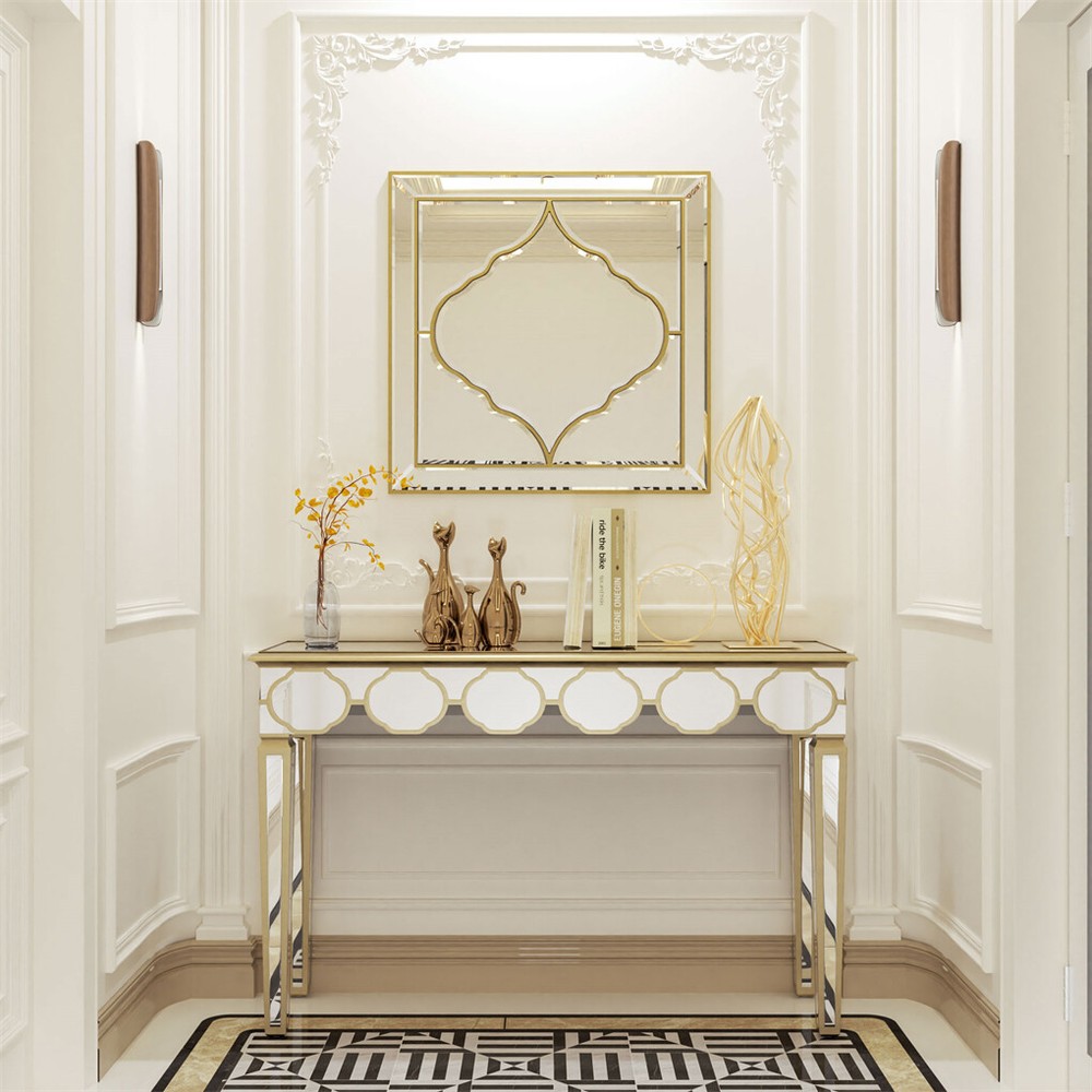 1.2m Ultra Long Mirrored Console Table Gold Rim Lantern Pattern Entryway Table