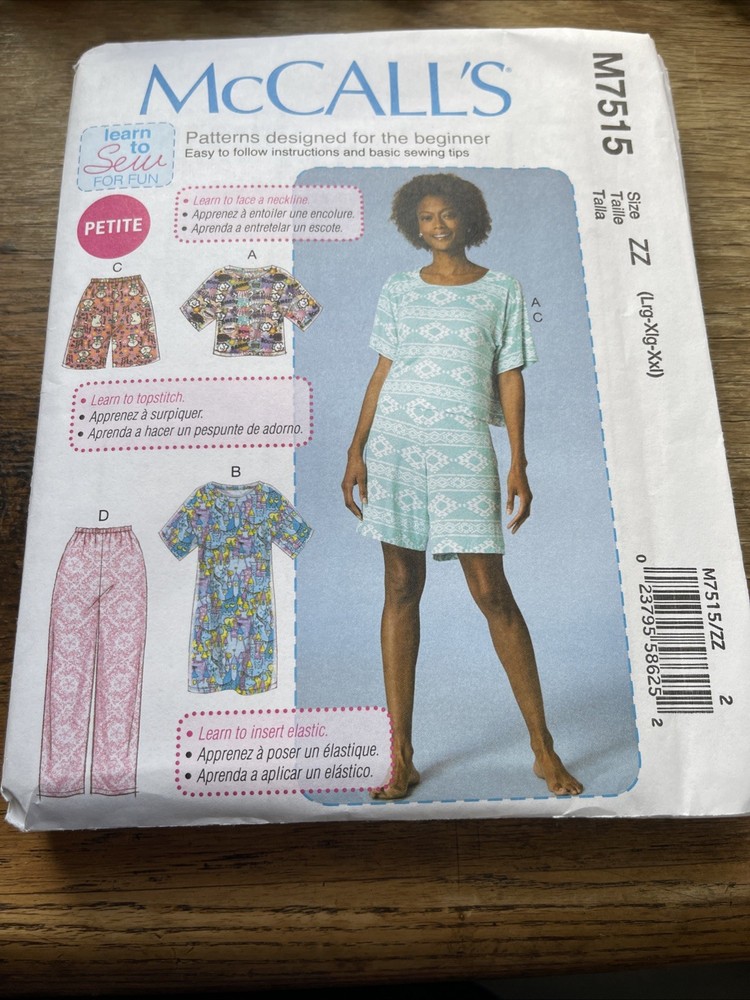 McCalls Pattern M7515 Ms LEARN SEW Pullover Dress~Top/Pull-on Pants~Shorts L-XXL