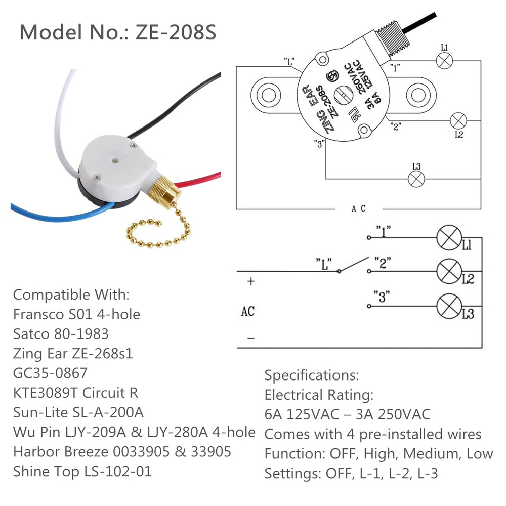 Zing Ear ZE-208S 3 Speed 4 Wire Fan Switch - Pull Chain Speed Control Switch for