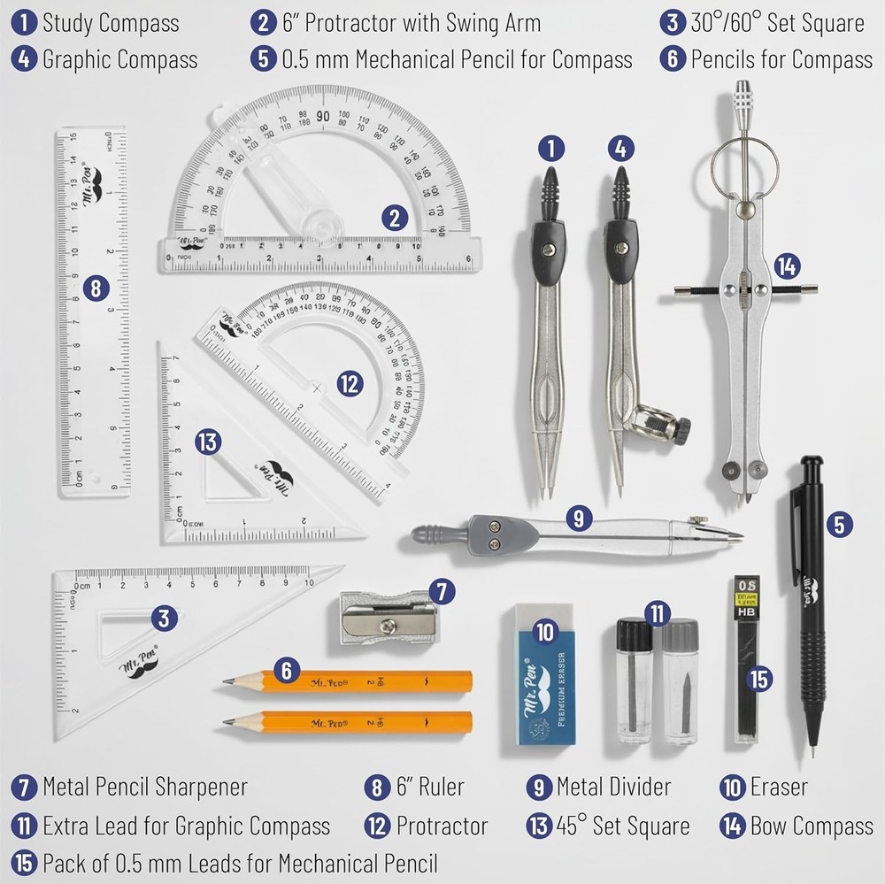 Essential 15-Piece Geometry Kit with Classic Slate Color & Protractor