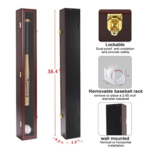 Wall Mounted Baseball Bat Display Case Vertical or Horizontal Single Bat Holder