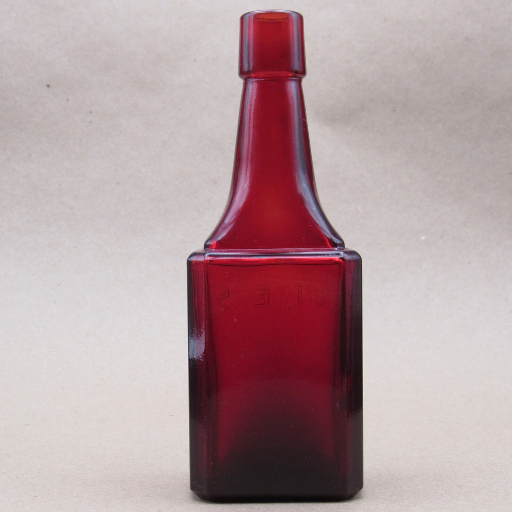 Wheaton Bottle, Ruby Red Bitters, 6" Rectangle Base, Embossed Text, Vintage NJ