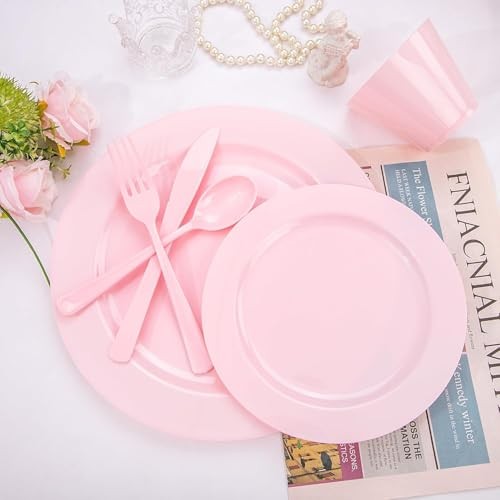 150 Pieces Pink Plastic Plates Disposable - Pink Dinnerware Set Solid Pink