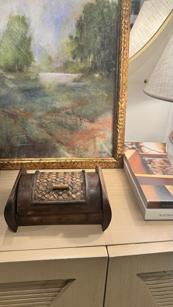 Small Vintage Brown Wooden Decorative Box with Woven Lid, Rectangular