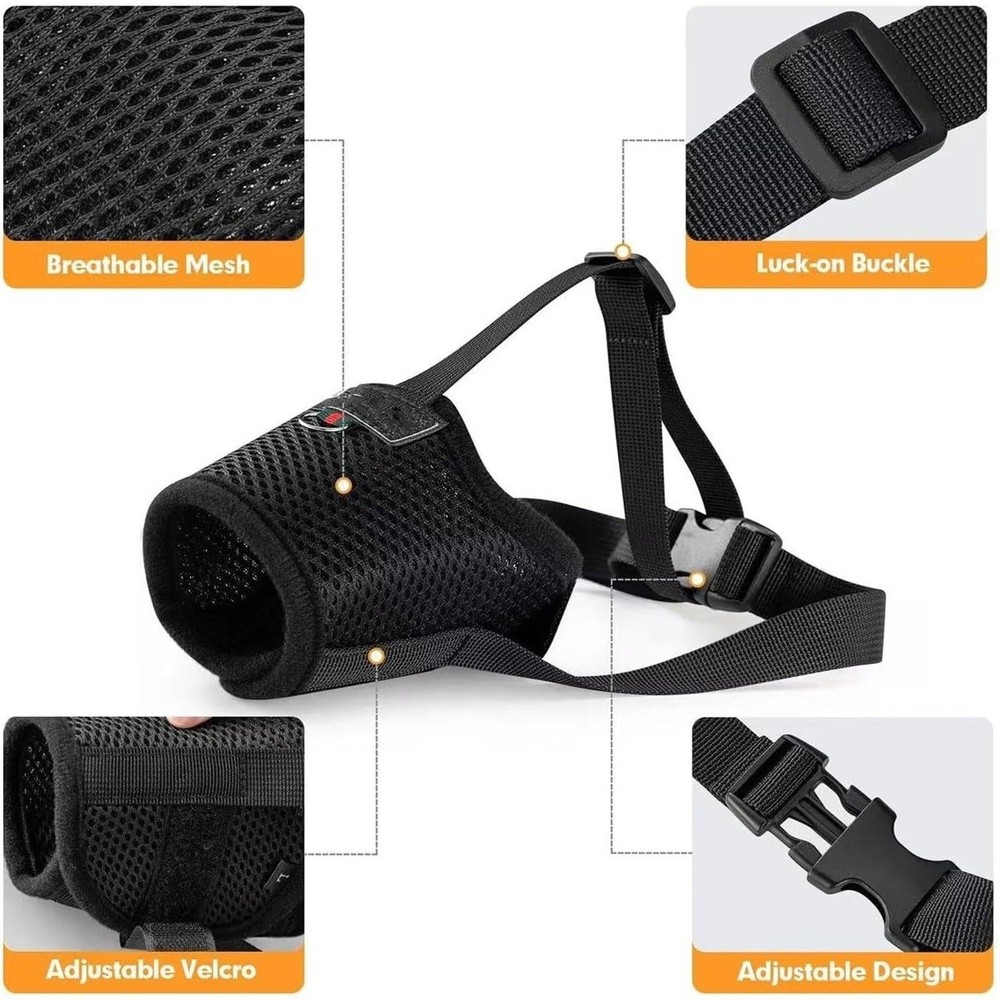Adjustable Dog Muzzle Breathable Soft Humane Secure Fit Black NEW