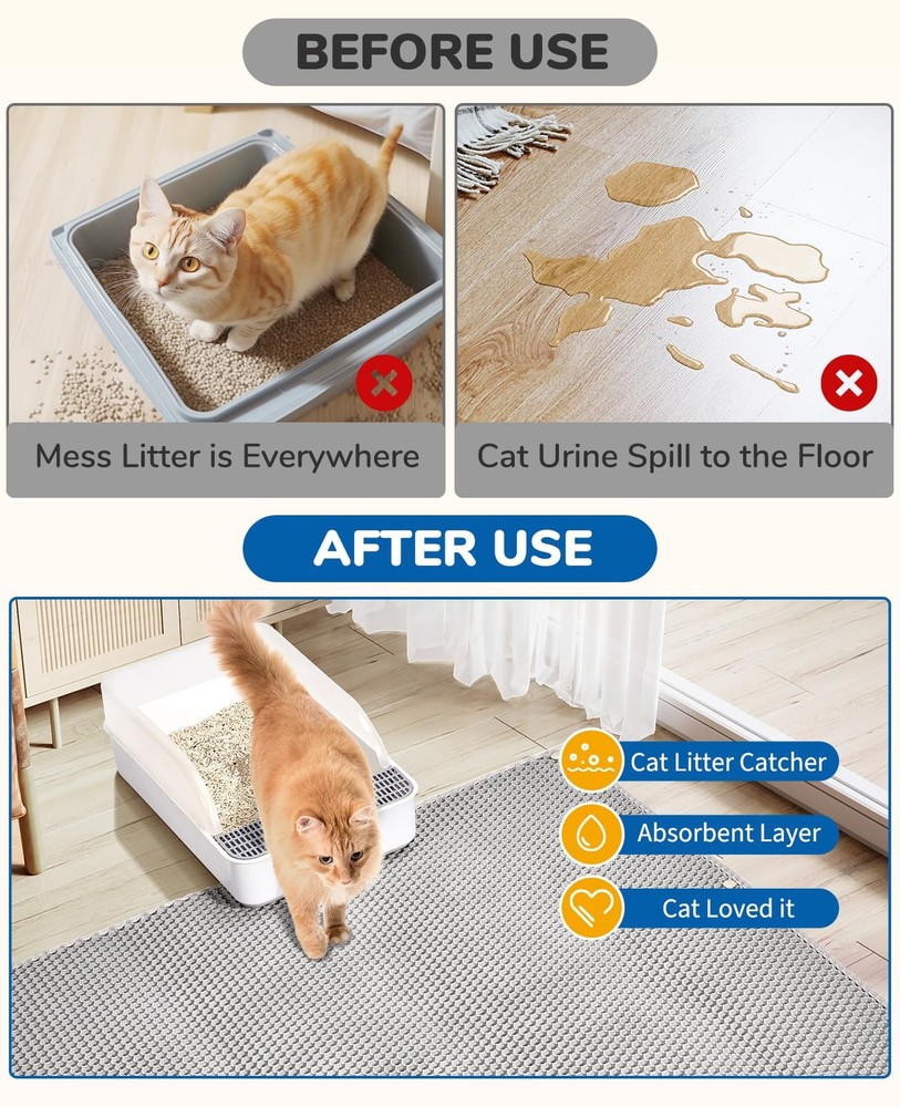 45"x32" Extra Large Cat Litter Mat, Honeycomb Double Layer Kitty Litter Trapp...