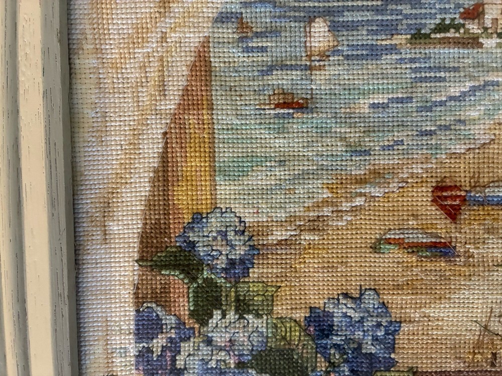 Lighthouse Completed Cross Stitch Window View Beach Hydrangeas Framed w/Glass
