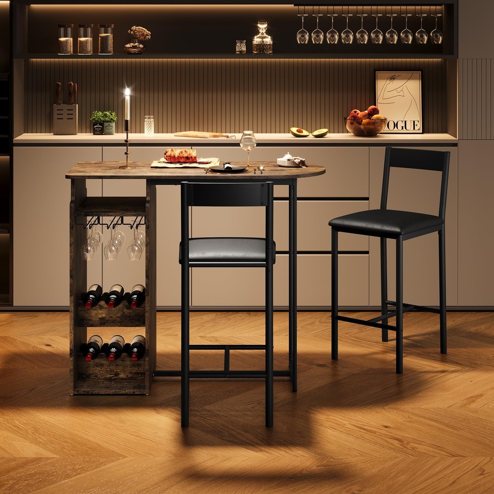 Rustic Bar Table Set with Triple-Level Wine Rack, Padded Stools, Stemware Hanger