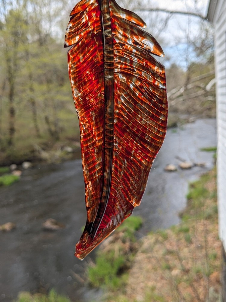 Art Glass Feather Suncatcher Window Decor Autumn Fall Rust Red