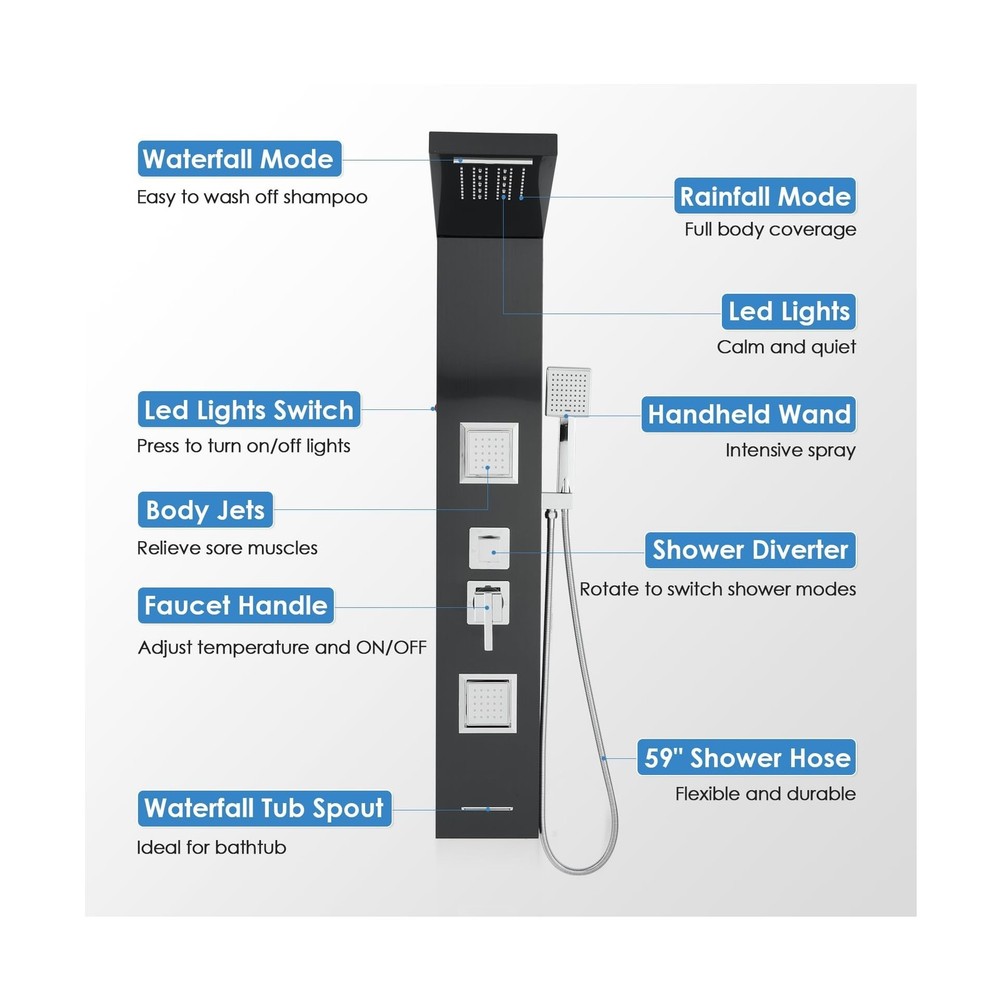 ROVOGO Shower Panel Tower System with Led Lights Rainfall Waterfall... Fast Ship