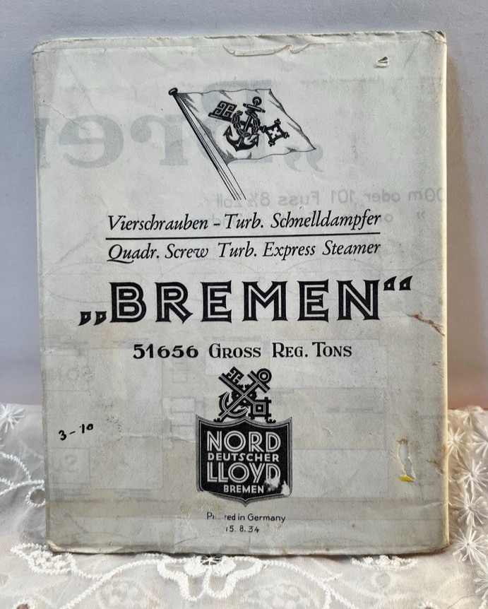 Vintage 1934 North German Lloyd BREMEN First & Second Class Deck Plan