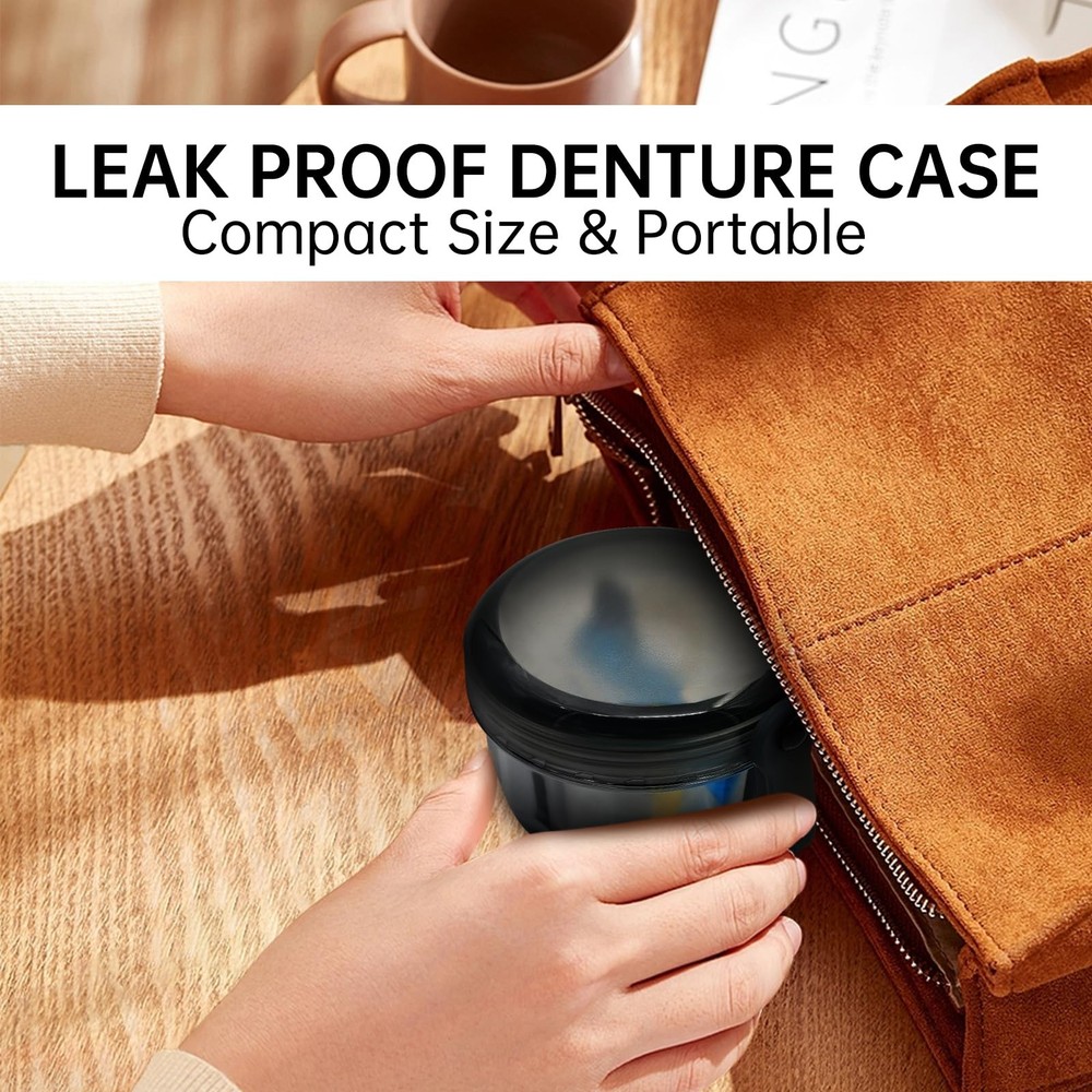 Leak Proof Denture Cups for Soaking Dentures with Strainer Transparent Black