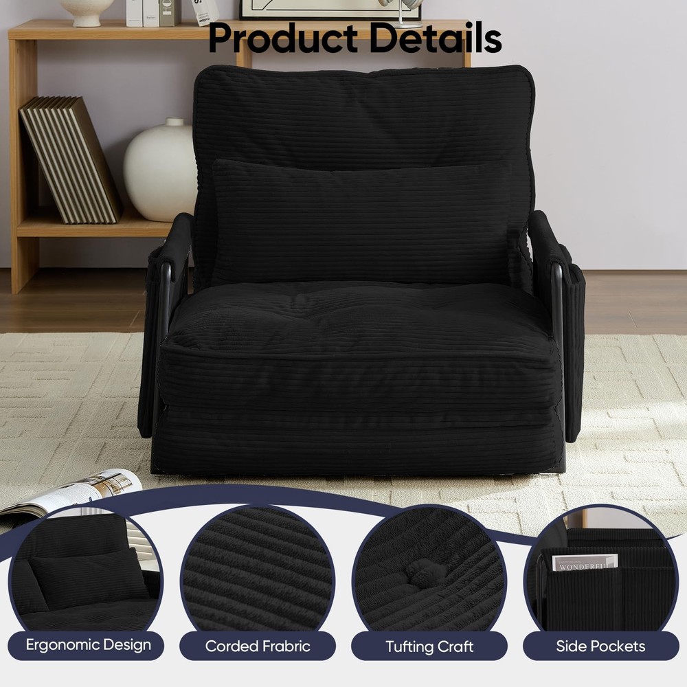 Foldable Floor Sofa with Pillow Adjustable Backrest Sleeper Bed Black Single