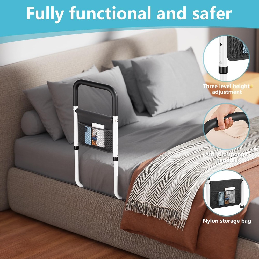 Adjustable Bed Rail Support Handle with Storage Pouch, White and Black, Height