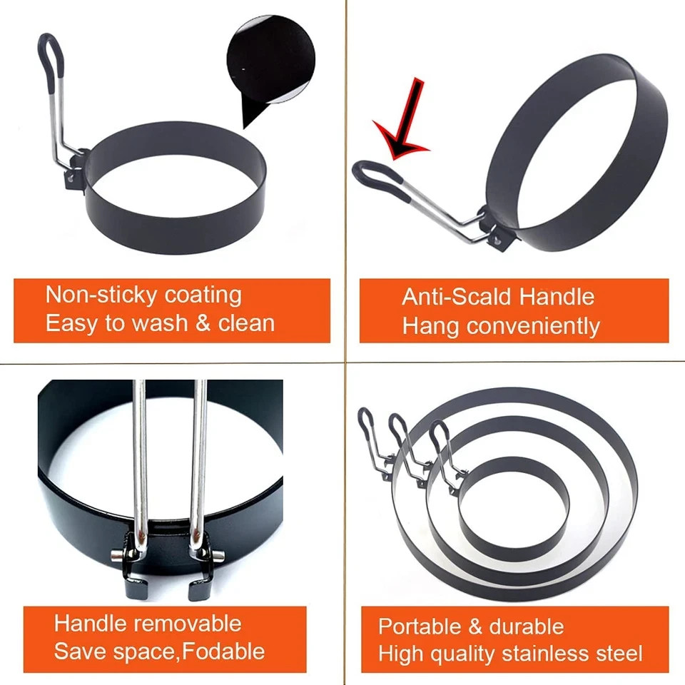 8" Omelette Ring,6" Pancake Ring,4" Griddle Egg Ring,Non-Stick Stainless Steel E