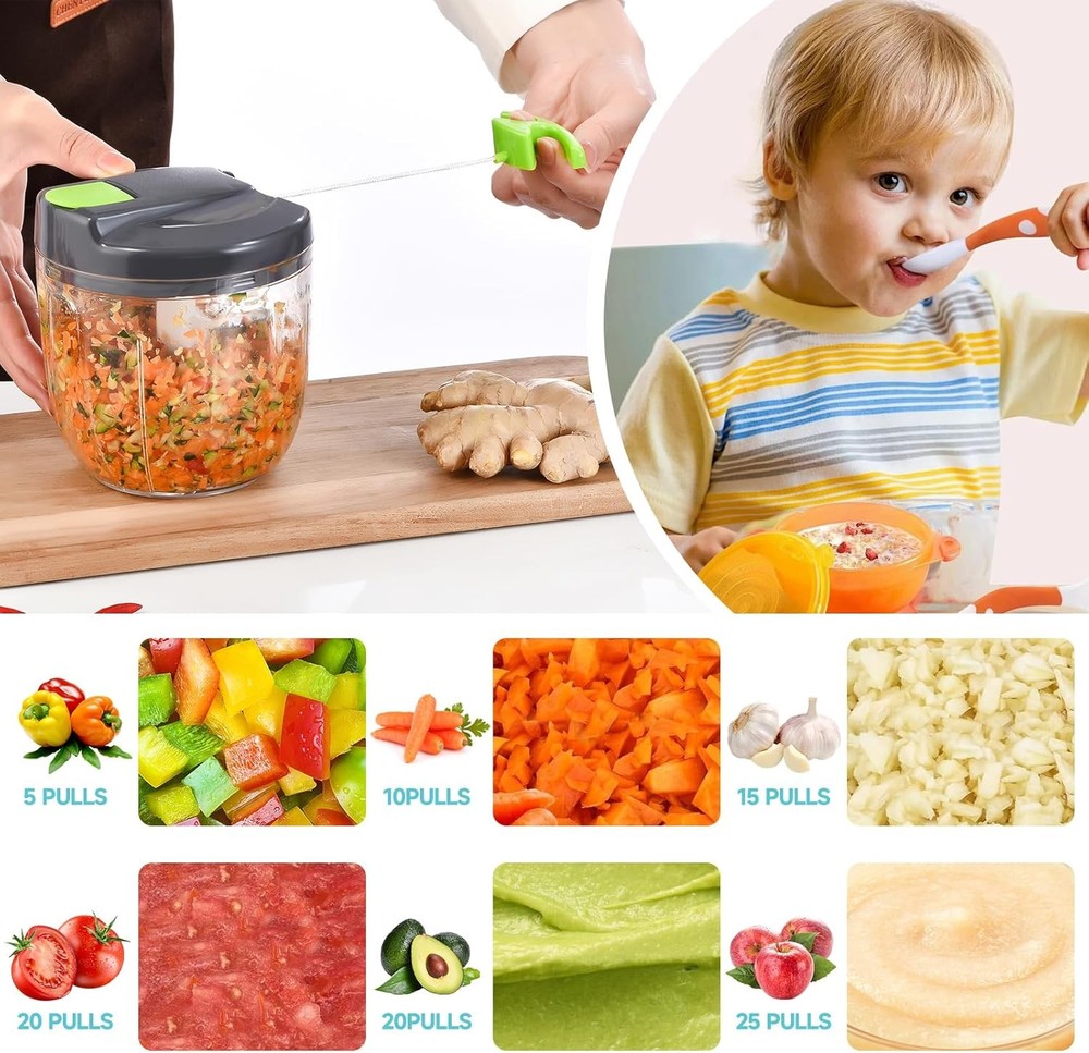 Manual Food Processor Vegetable Chopper, Portable Hand Pull String Garlic Mincer