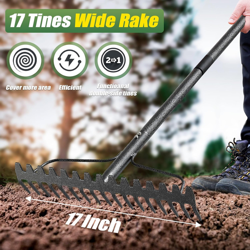 Garden Rake, 5FT Bow Rake Heavy Duty Leveling Rake with Adjustable Handle, 17 Ti