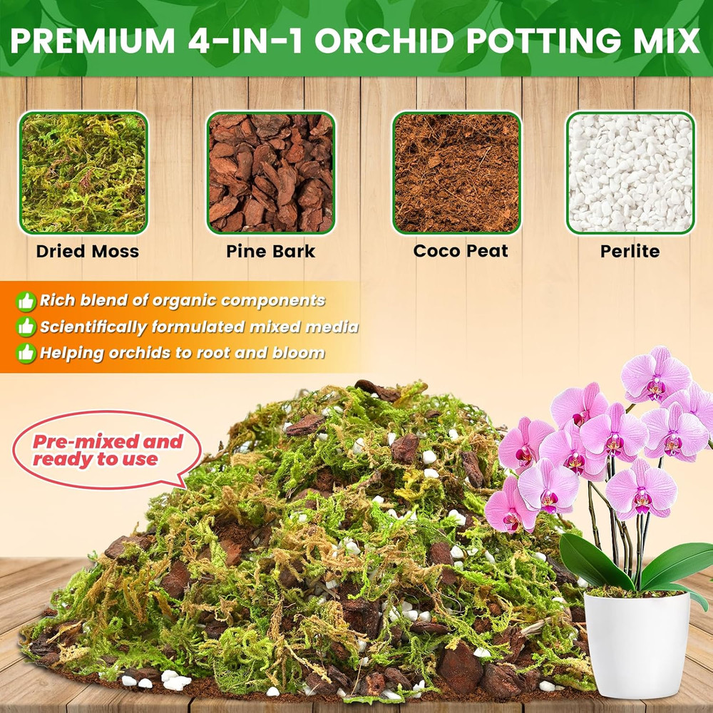 4 QT Orchid Potting Mix for Repotting- Include Moss, Pine Bark, Perlite and Coco