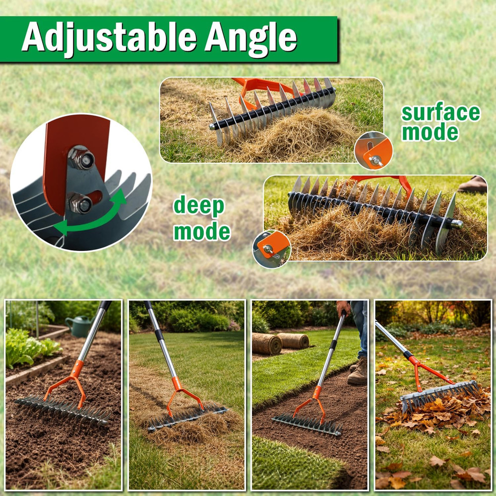 Thatch Rake for Lawn, 15'' Wide Thatcher Rake with 40-70'' Adjustable Handle, 3-