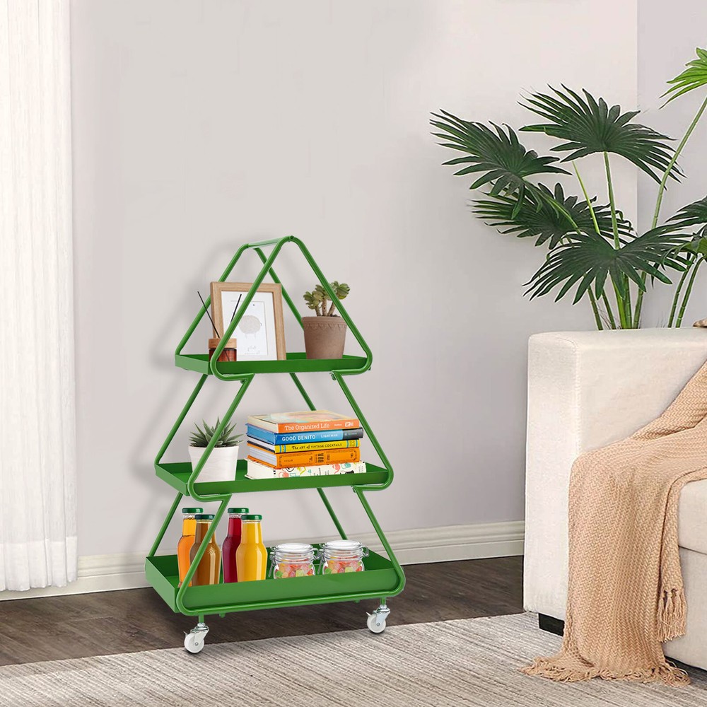 Iron Side Table White Tree-shaped End Table w/4 Universal Wheels for Living Room
