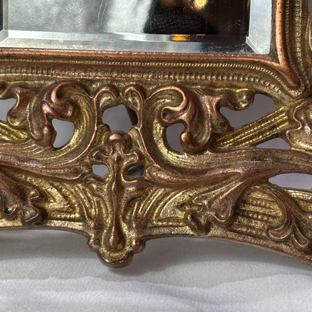 Antique Brass Frame Rococo Style Mirror Table Top Bevel Edge Easel Back