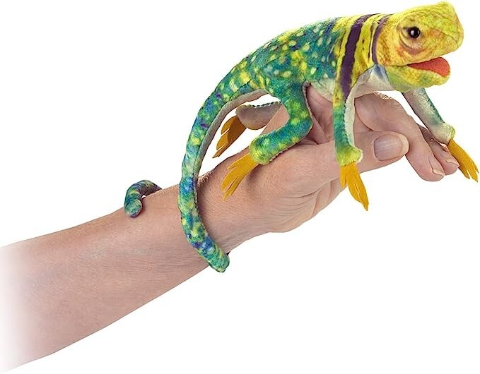 Folkmanis Mini Collared Lizard Finger Puppet, Green, Brown, Yellow, Black