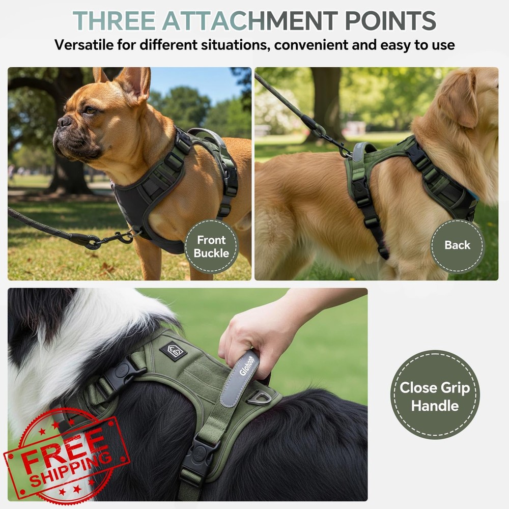 Tactical Dog Harness Green No Pull Vest Handle Front Clip Padded