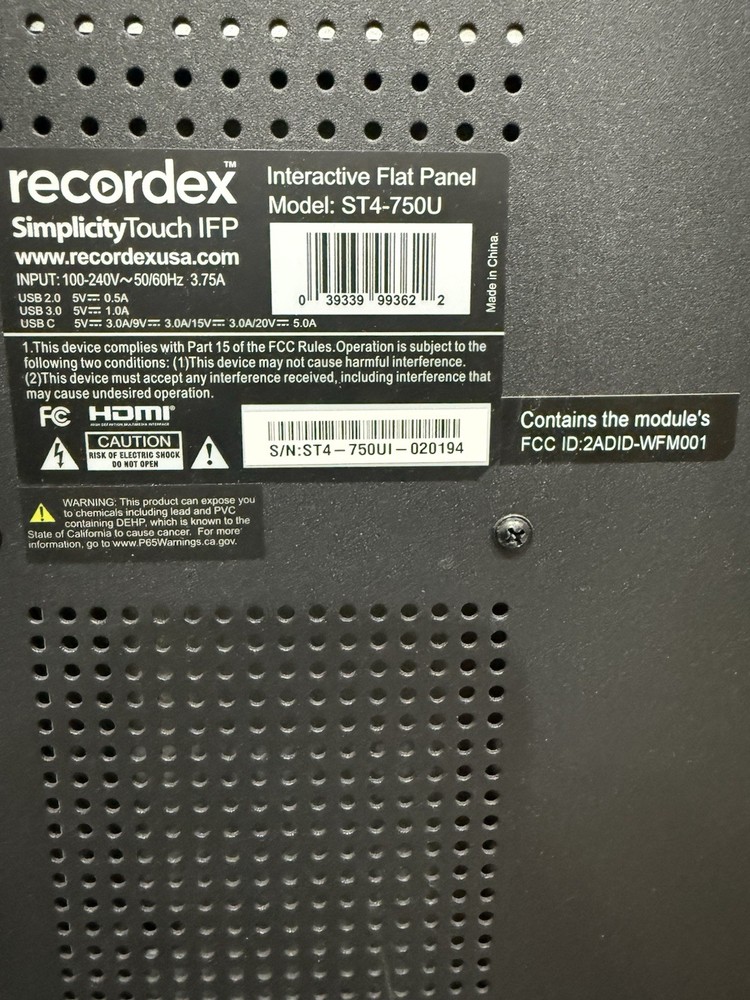 Recordex ST4-750U SimplicityTouch 4 75" 4K Interactive Flat Panel Display NOS