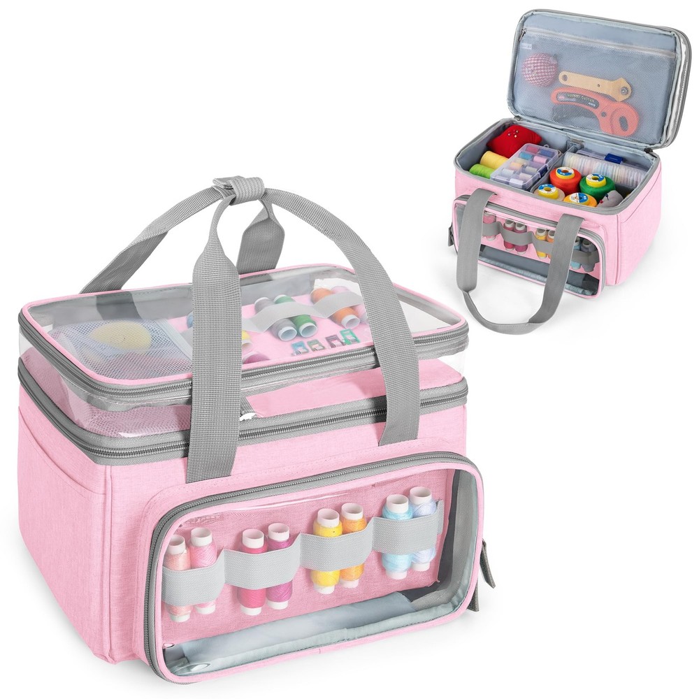Pink Double-Layer Sewing Storage Organizer Bag Transparent Compartment Divider