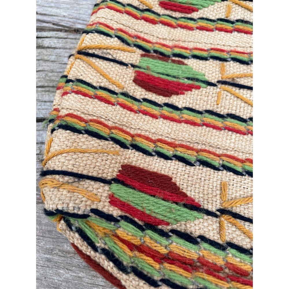 Vintage 1970s Burlap wool Embroidery Tote Bag Boho Hippy