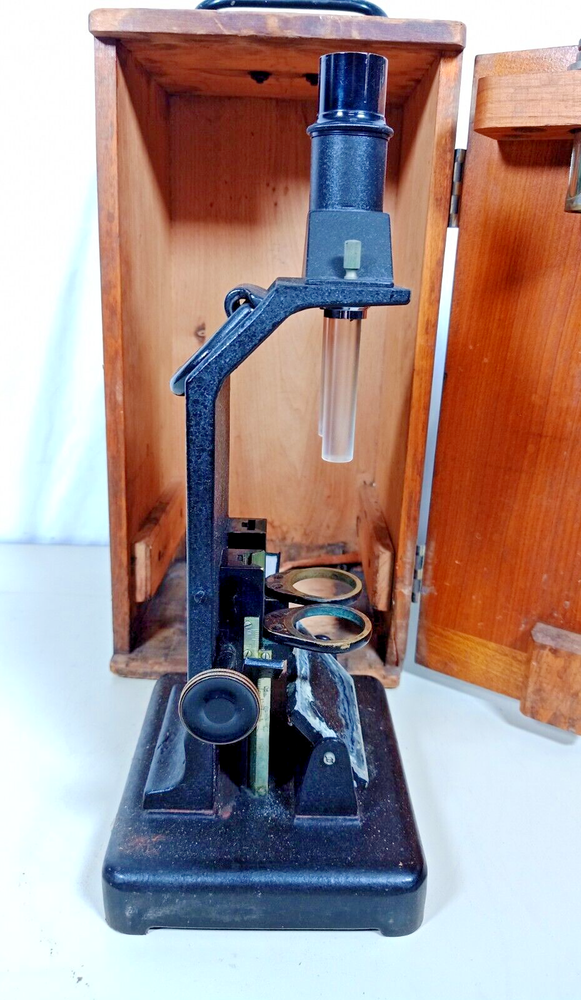 Vintage Bausch & Lomb Optical Co. Microscope in Wood Eimer & Amend Box Case