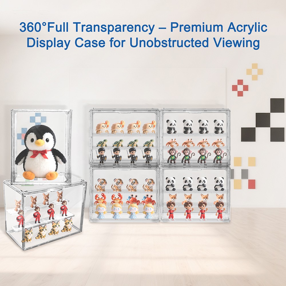 Clear Acrylic 3 Tier Figure Display Case with 2 Movable Plates Stackable Show