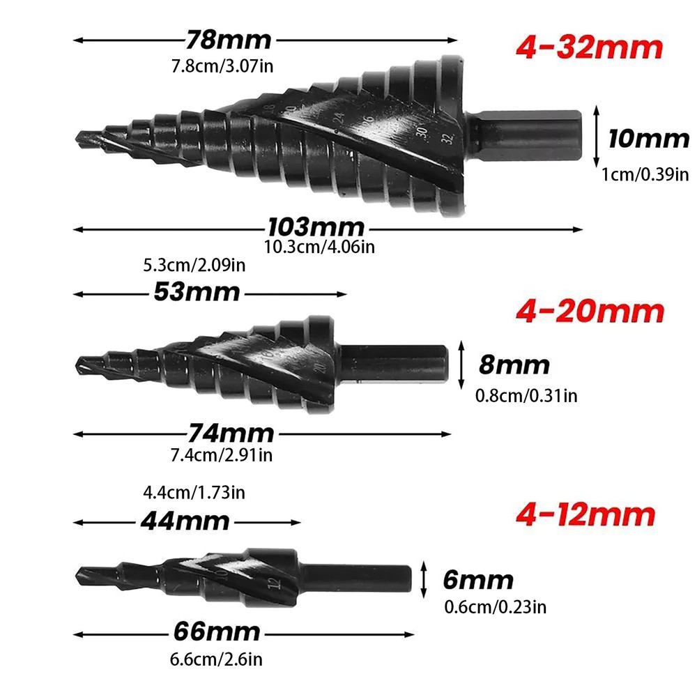 3Pcs 6/8/10mm Shank HSS Step Drill Bit Set Large Cone Titanium Bit Set