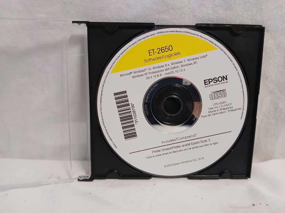 Epson ET-2650 Printer Software & Drivers Disc CD Windows Mac
