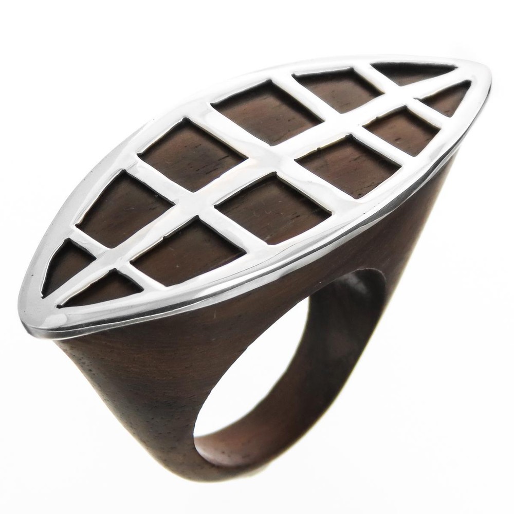 Dark Wood Eye Shape 925 Sterling Silver Ring
