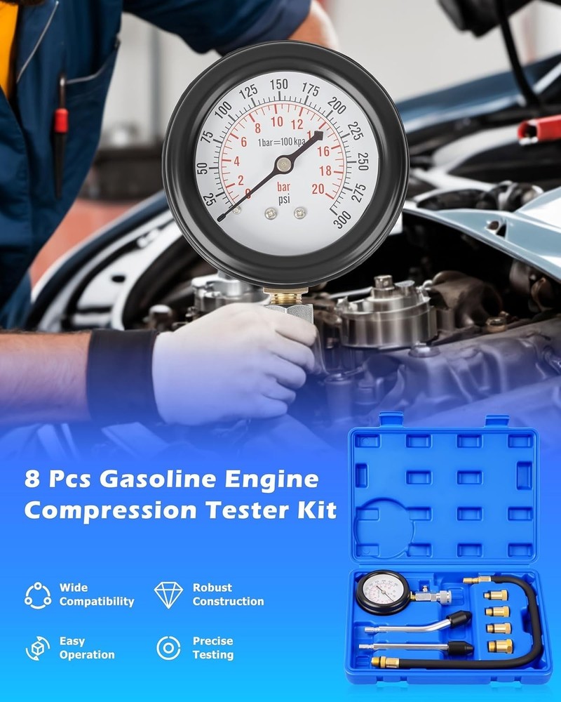 Petrol Engine Compression Tester Kit for Autos & Motorcycles - 3" Gauge