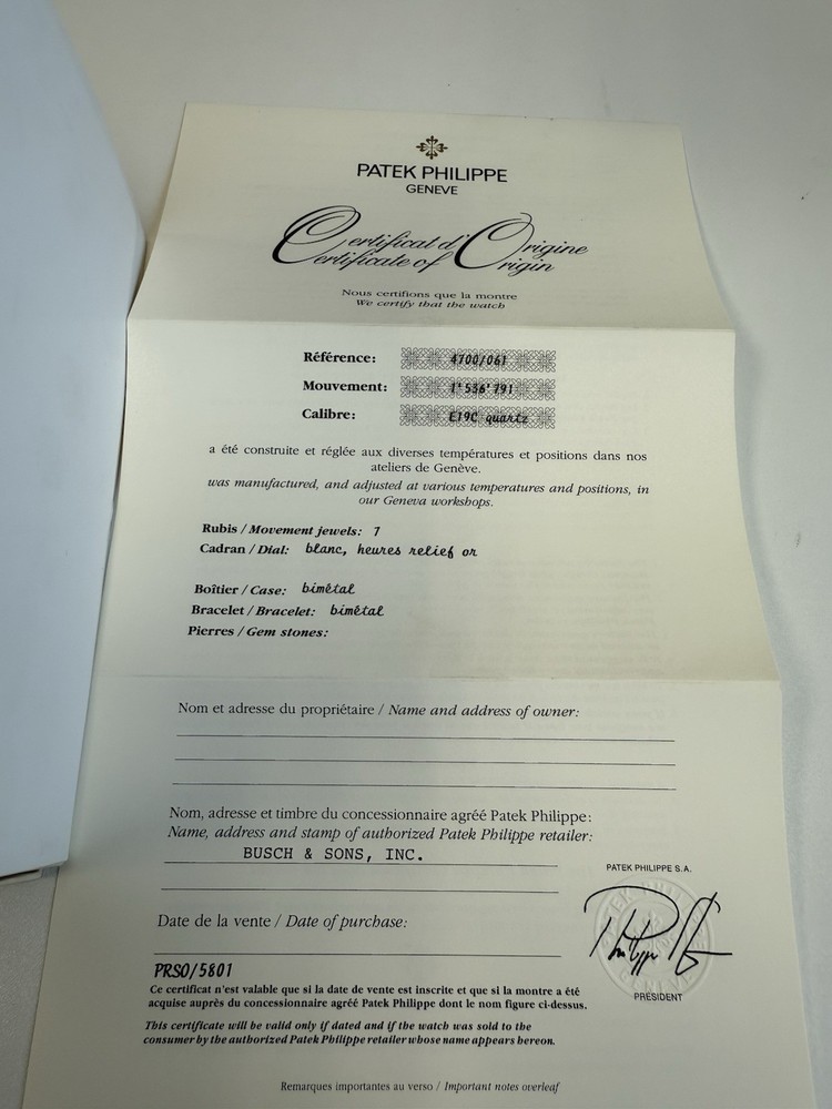 Authentic Patek Philippe Ref 4700 Nautilus  Certificate