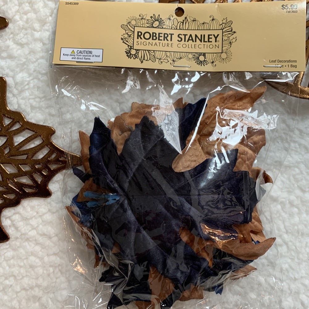 NEW Table Decor Fall Thanksgiving Navy & Copper Leaf Placemats & Pumpkins
