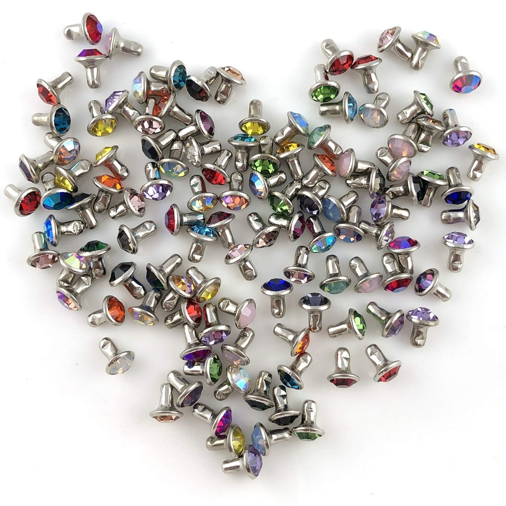 Mixed Colors CZ Crystal Rivets 100 Sets 6MM Rhinestone Rapid Studs Silver