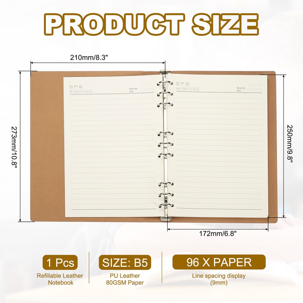 B5 Refillable Leather Notebook 9 Ring Hardcover Binder Notebook Brown