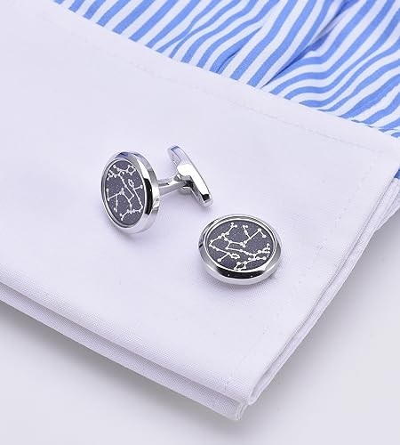 Sky Constellation Pattern Round Men's Cufflinks In Gift Case Silver Tone