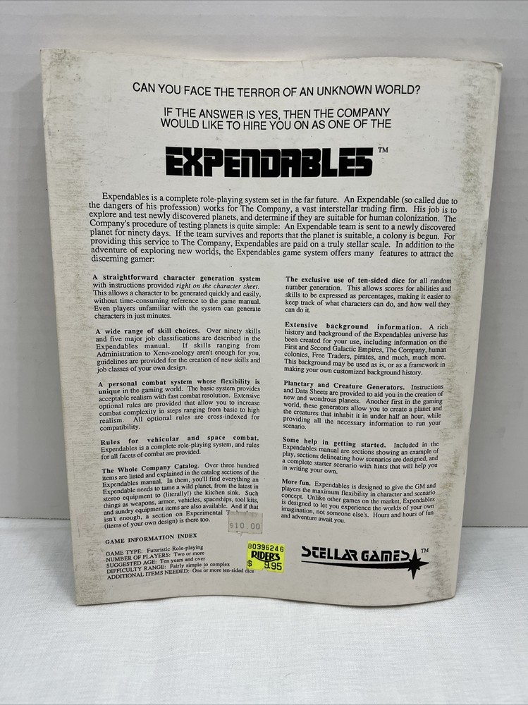 EXPENDABLES A Complete Role-playing System Stellar Games 1987