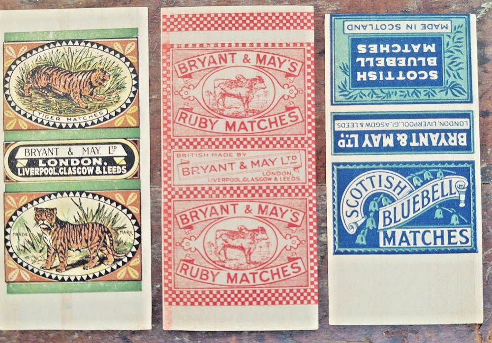 3 Full Wrap Type Bryant & May's Antique Matchbox label Tiger , Ruby, Bluebell