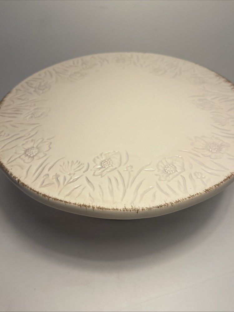 Threshold White Washed Stoneware Floral Cake Stand 11 in.