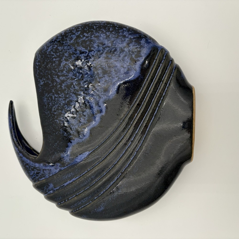 Vintage Ceramic Case Studio Dark Blue Glaze Abstract Shape