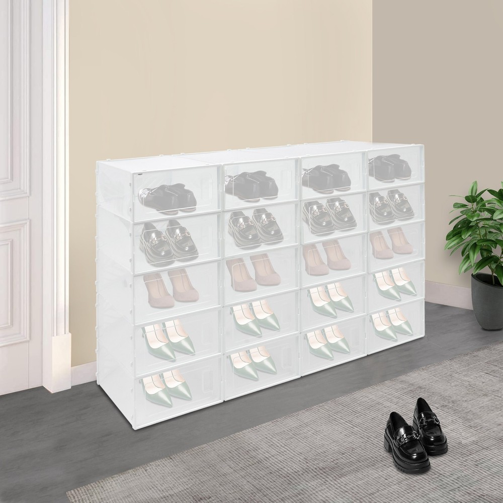 20 Pack White Plastic Shoe Boxes With Lids Stackable Storage Containers Organize