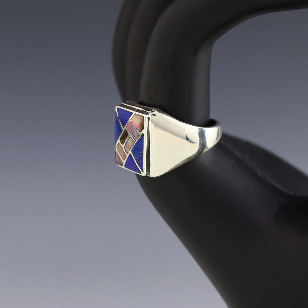 NATIVE AMERICAN ZUNI LAPIS & SHELL RING BY NANCY & SHELDON WESTIKA