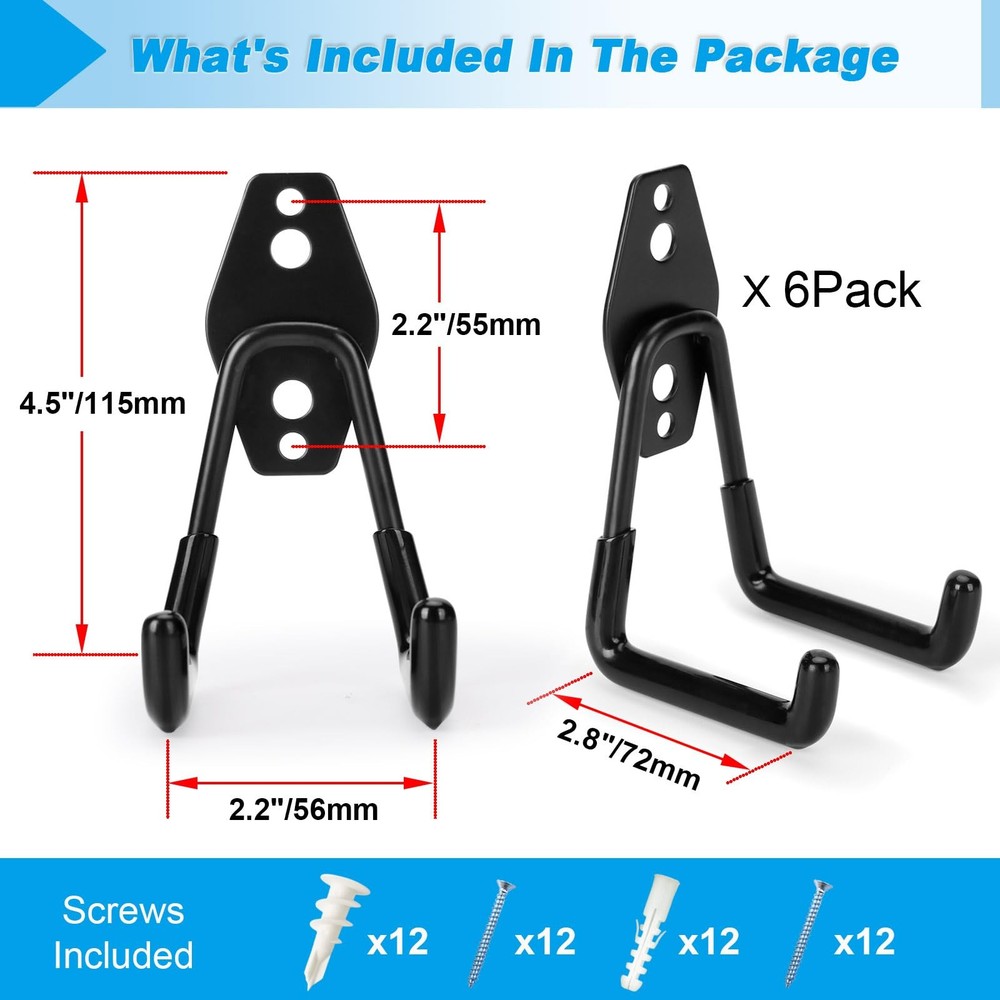 Suprom 6 Pack Garage Hooks Heavy Duty - Supports 100 lbs, 6 Pack, Black