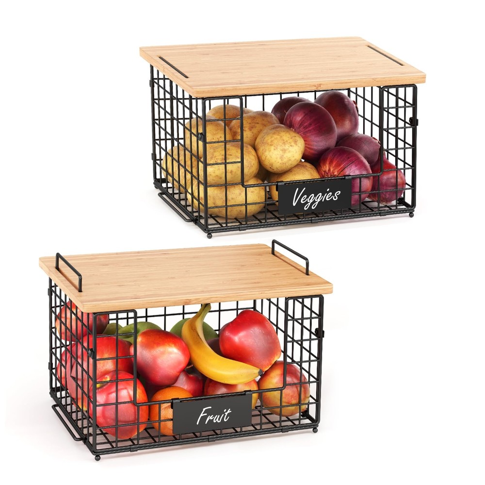 2 Pack Stackable Wire Baskets with Top for Pantry Organizers and Storage, XXL...